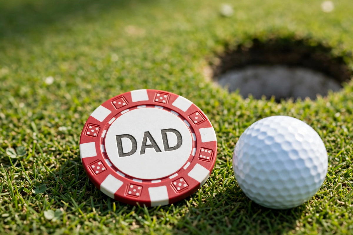 Laser engraved poker chip golf ball marker with DAD engraving on a green beside a golf ball